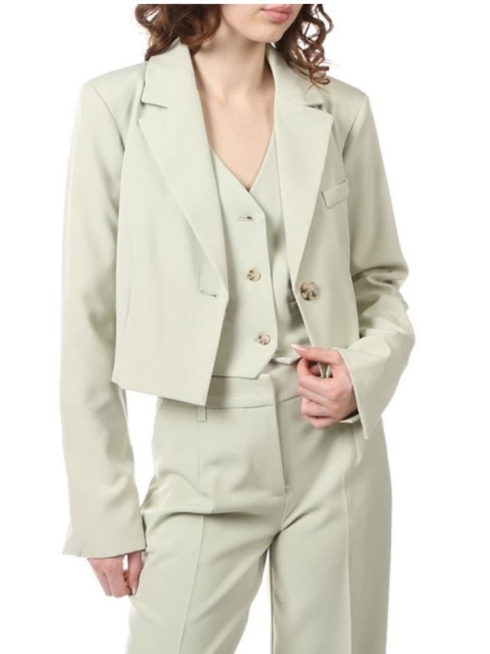 Avec Les Filles Sage Green Cropped One Button Boxy Blazer Jacket XL